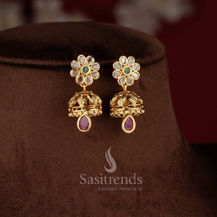 Bridal matte gold peacock choker necklace set with AD stones and matching jhumkas for festive wear