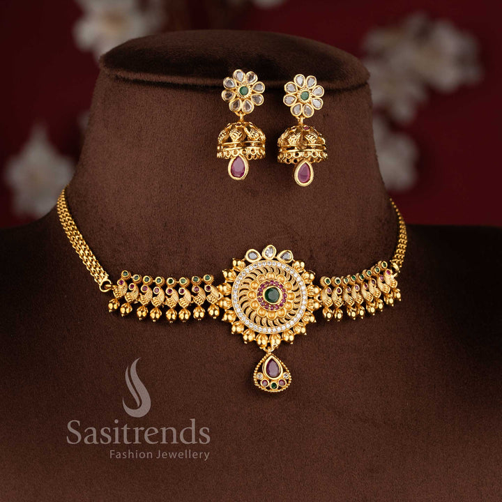 Traditional bridal temple matte gold finish floral peacock choker necklace set with jhumkas and AD stones by Sasitrends.