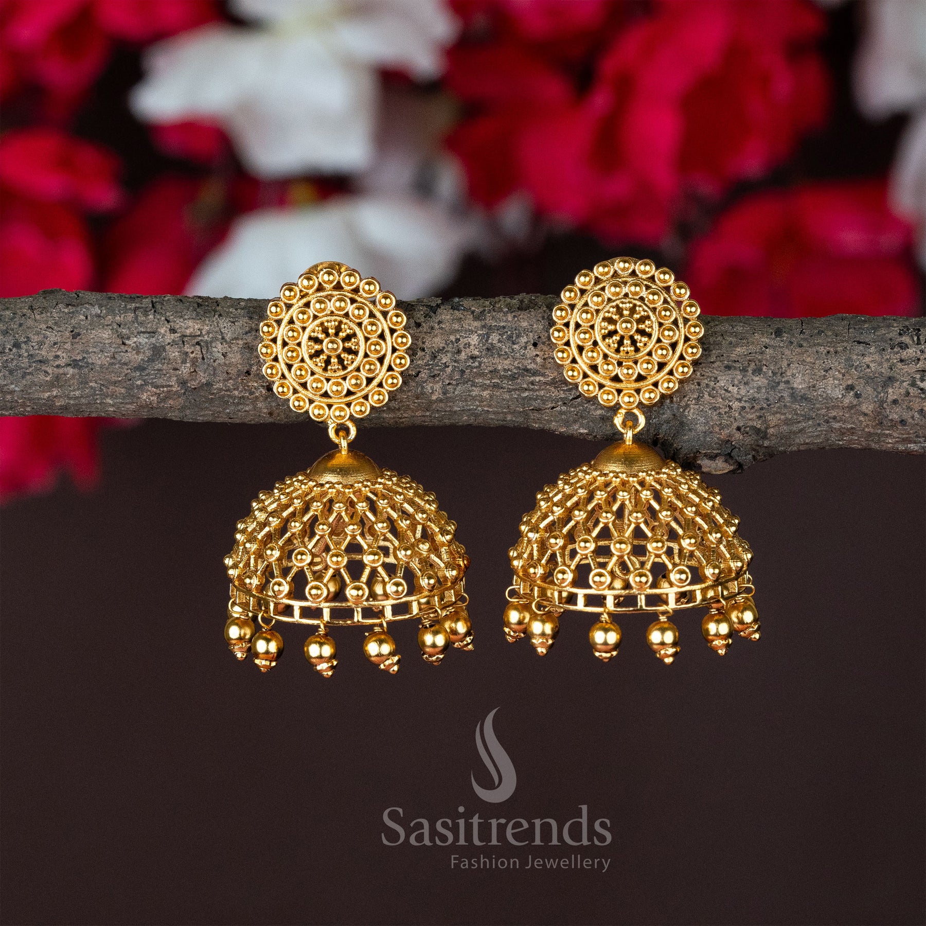 Graceful Temple Matte Gold Plated Authentic Kerala Style Jhumka Earrings