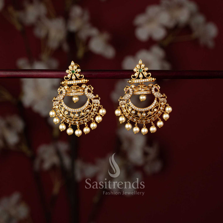Vibrant Peacock-inspired Chandbali Earrings with AD Stones and Pearls - Sasitrends