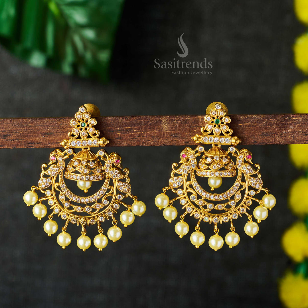 Vibrant Peacock-inspired Chandbali Earrings with AD Stones and Pearls - Sasitrends