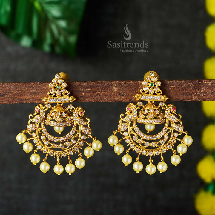 Radiant Temple Matte Gold Plated Peacock Design Multi-color AD Stone Pearl Chandbali Earrings | Sasitrends