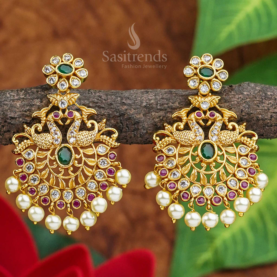 Gorgeous Brass Earrings | Matte Gold Plated | American Diamond Stones | Bridal Earrings - Sasitrends