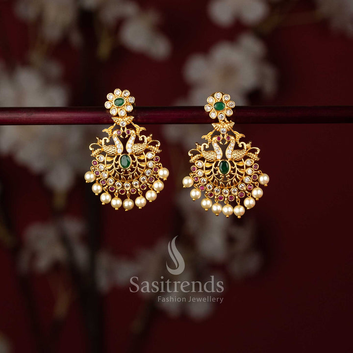Gorgeous Temple Matte Gold Plated Earrings with American Diamond Stones