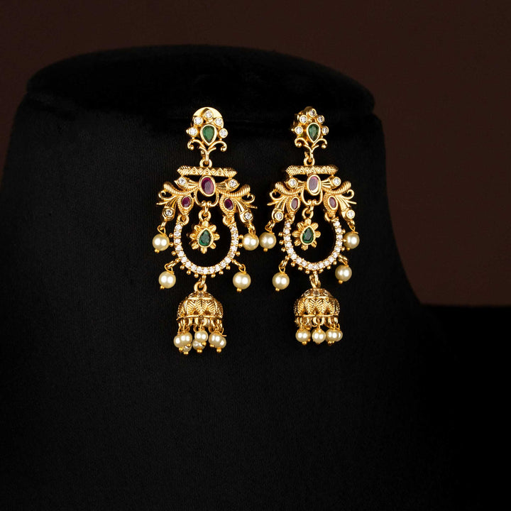 Royal Temple Matte Gold Plated American Diamond Floral Chandelier Earrings with Filigree Design for Bridal & Festive Wear