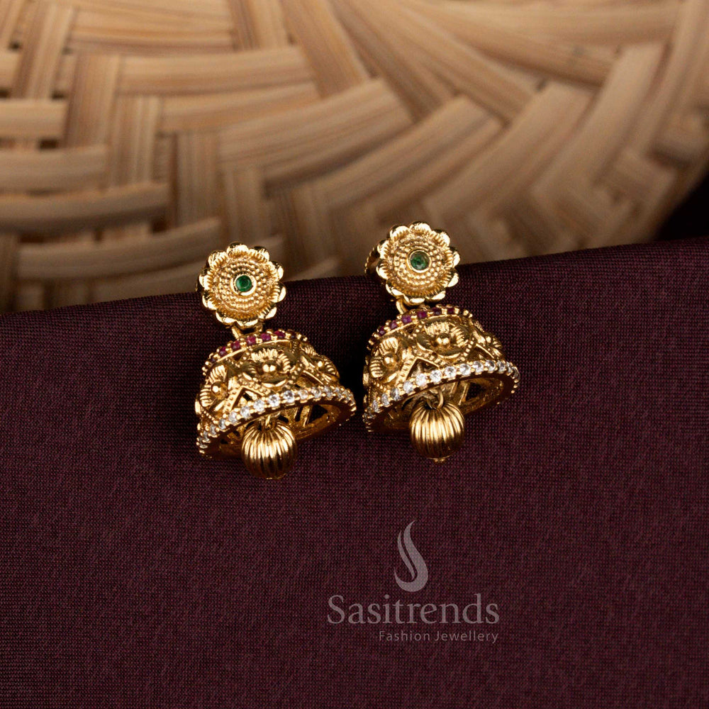 Intricate matte gold floral stud temple jhumka earrings with bead drop sasitrends