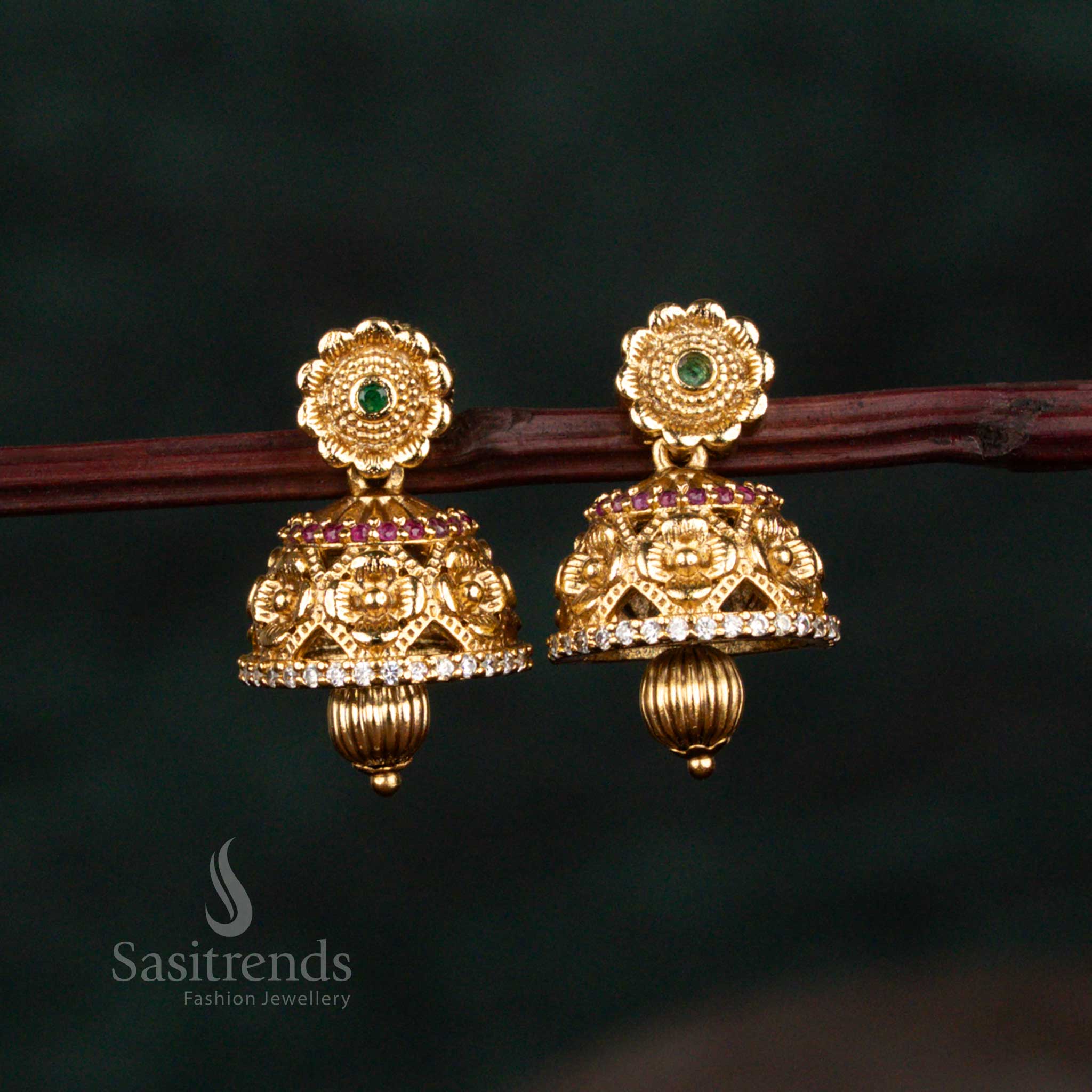 Intricate matte gold floral stud temple jhumka earrings with bead drop sasitrends