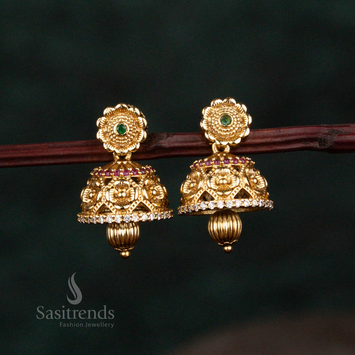 Intricate Matte Gold Plated Floral Jhumka Earrings with Embellished Dome and Bead Drop