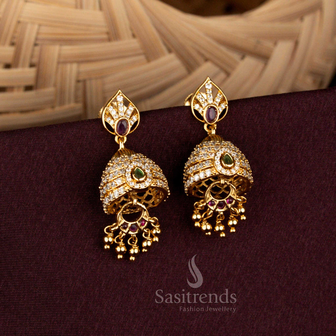 Premium matte gold temple earrings with leaf stud and bead drops sasitrends