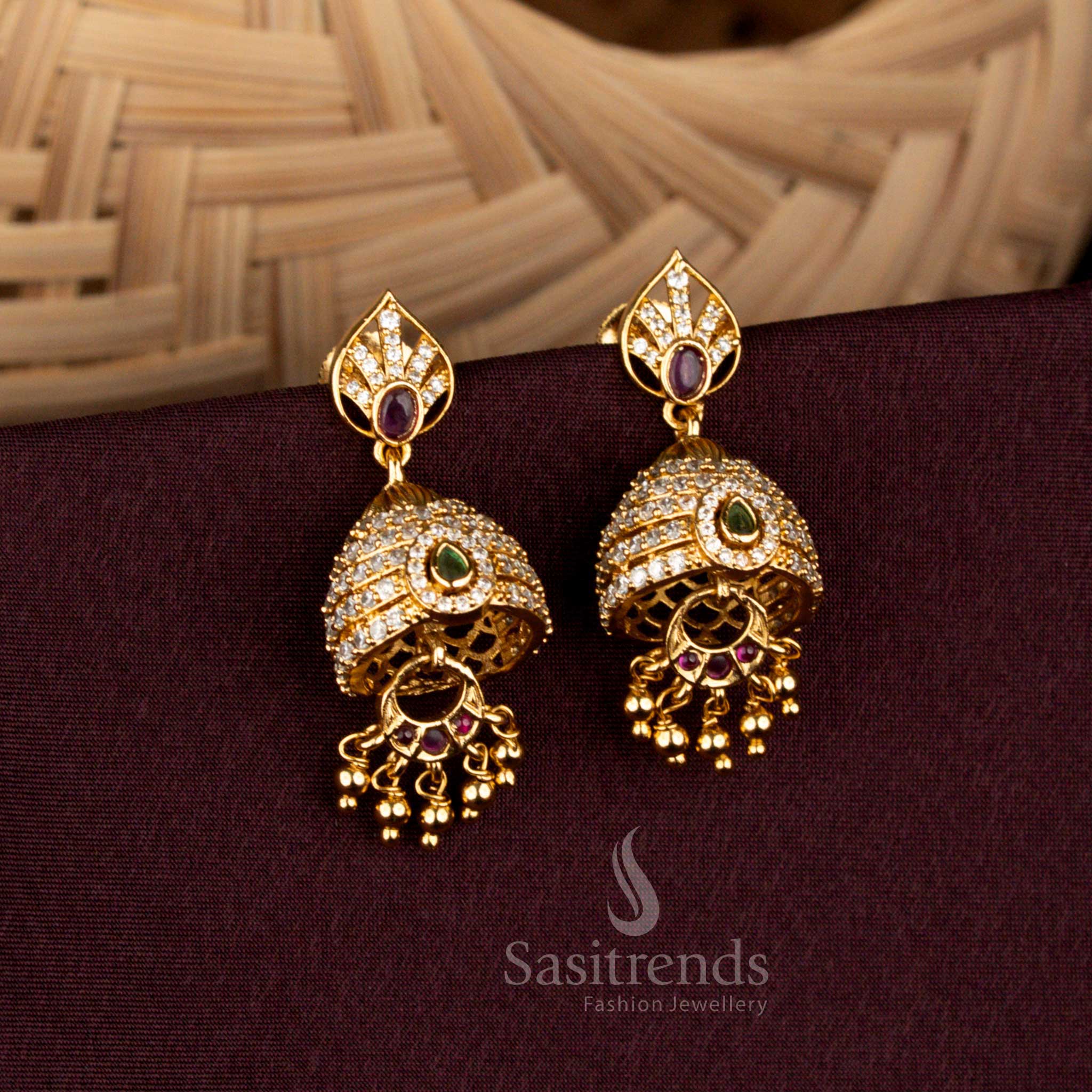 Premium matte gold temple earrings with leaf stud and bead drops sasitrends
