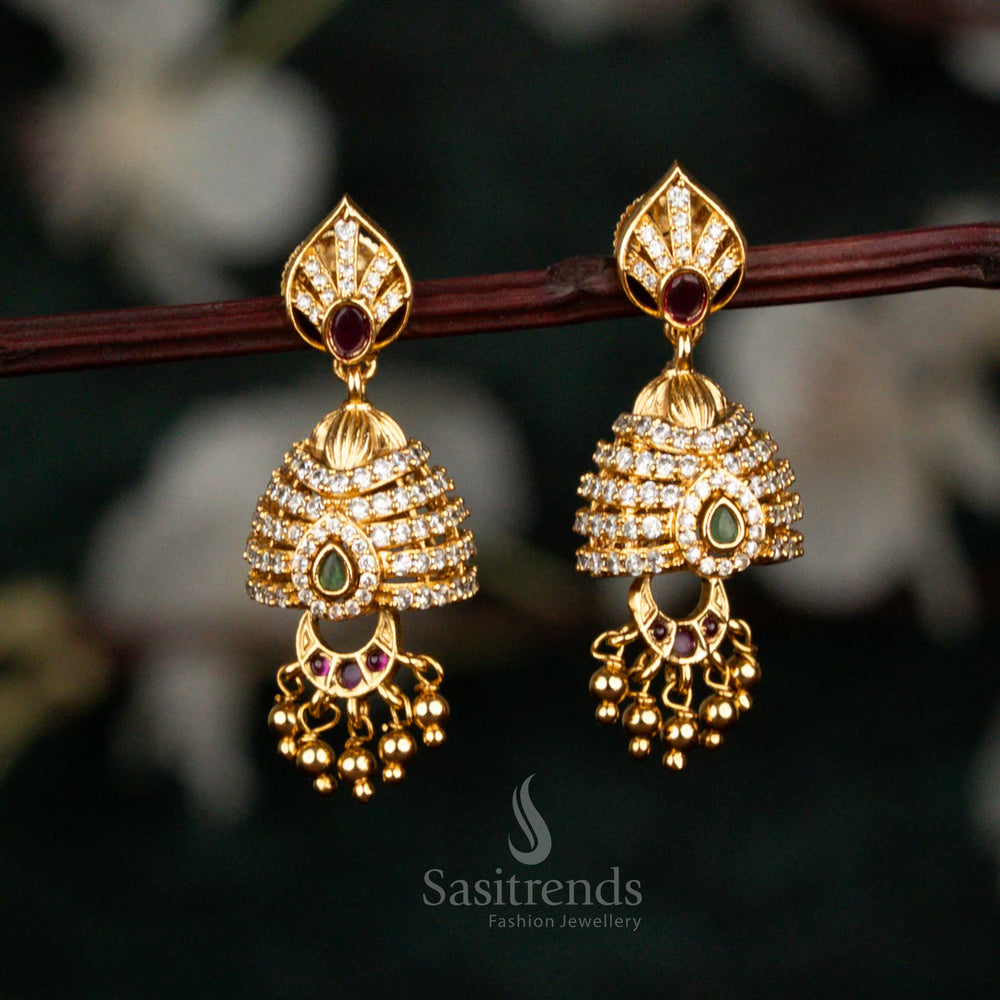 Premium matte gold temple earrings with leaf stud and bead drops sasitrends