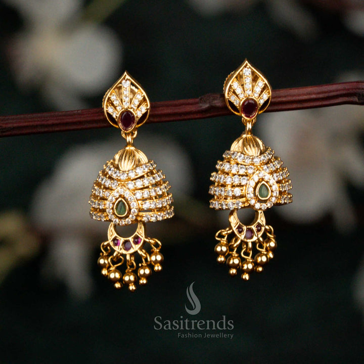 Premium matte gold temple earrings with leaf stud and bead drops sasitrends