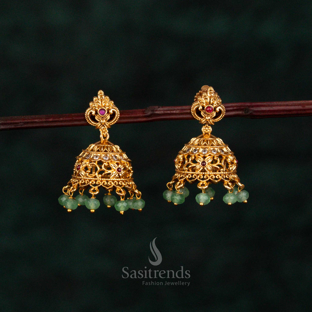 Traditional temple jhumka earrings with floral stud and filigree dome sasitrends
