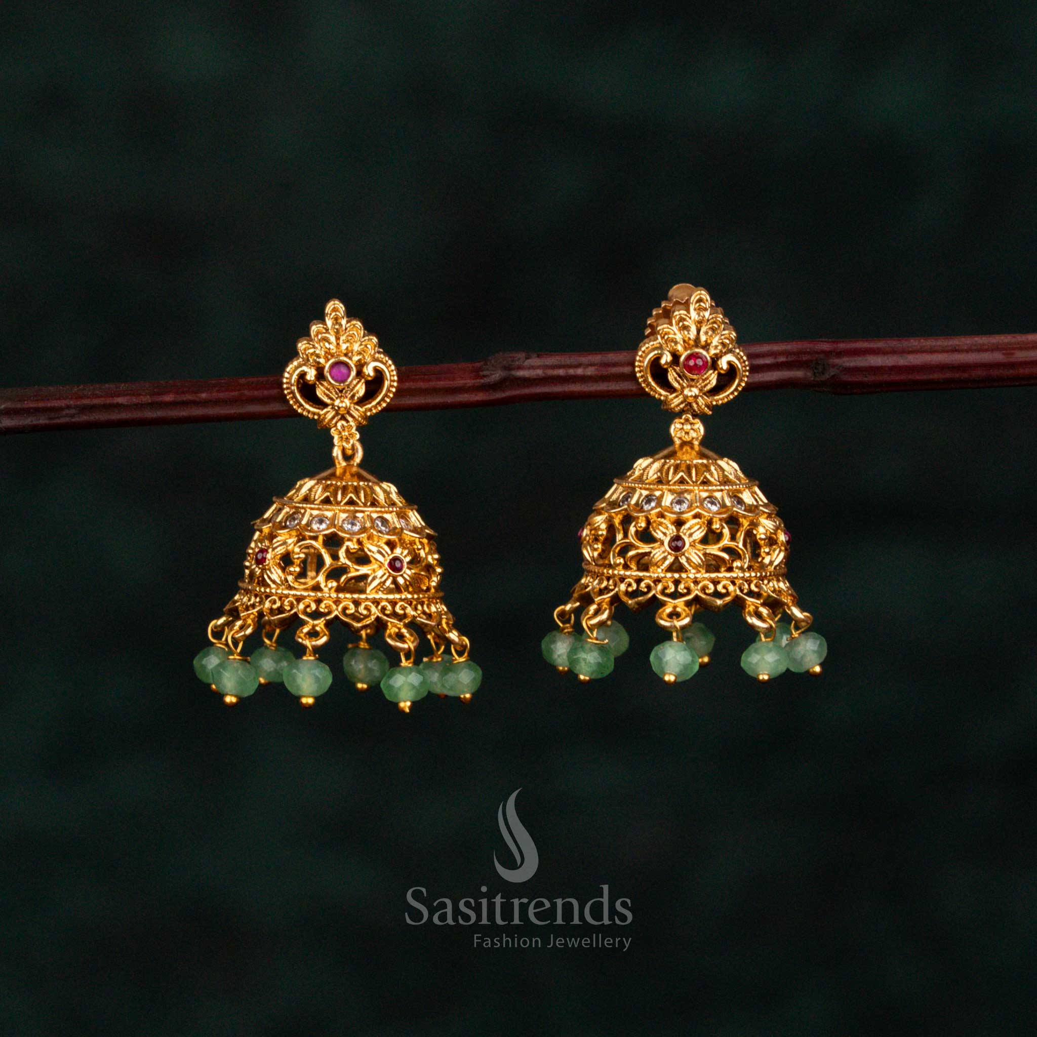 Traditional temple jhumka earrings with floral stud and filigree dome sasitrends