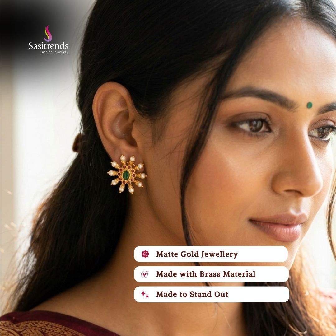Premium temple matte gold plated earrings model image - Sasitrends