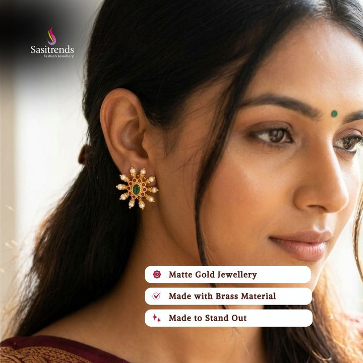 Premium temple matte gold plated earrings model image - Sasitrends