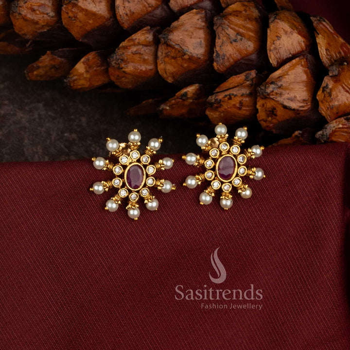 Beautiful Micro Gold Plated Floral Cluster Earrings with Pearl for Sarees and Traditional Wear - Sasitrends