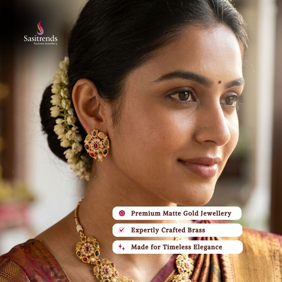 Premium temple matte gold plated earrings model image - Sasitrends