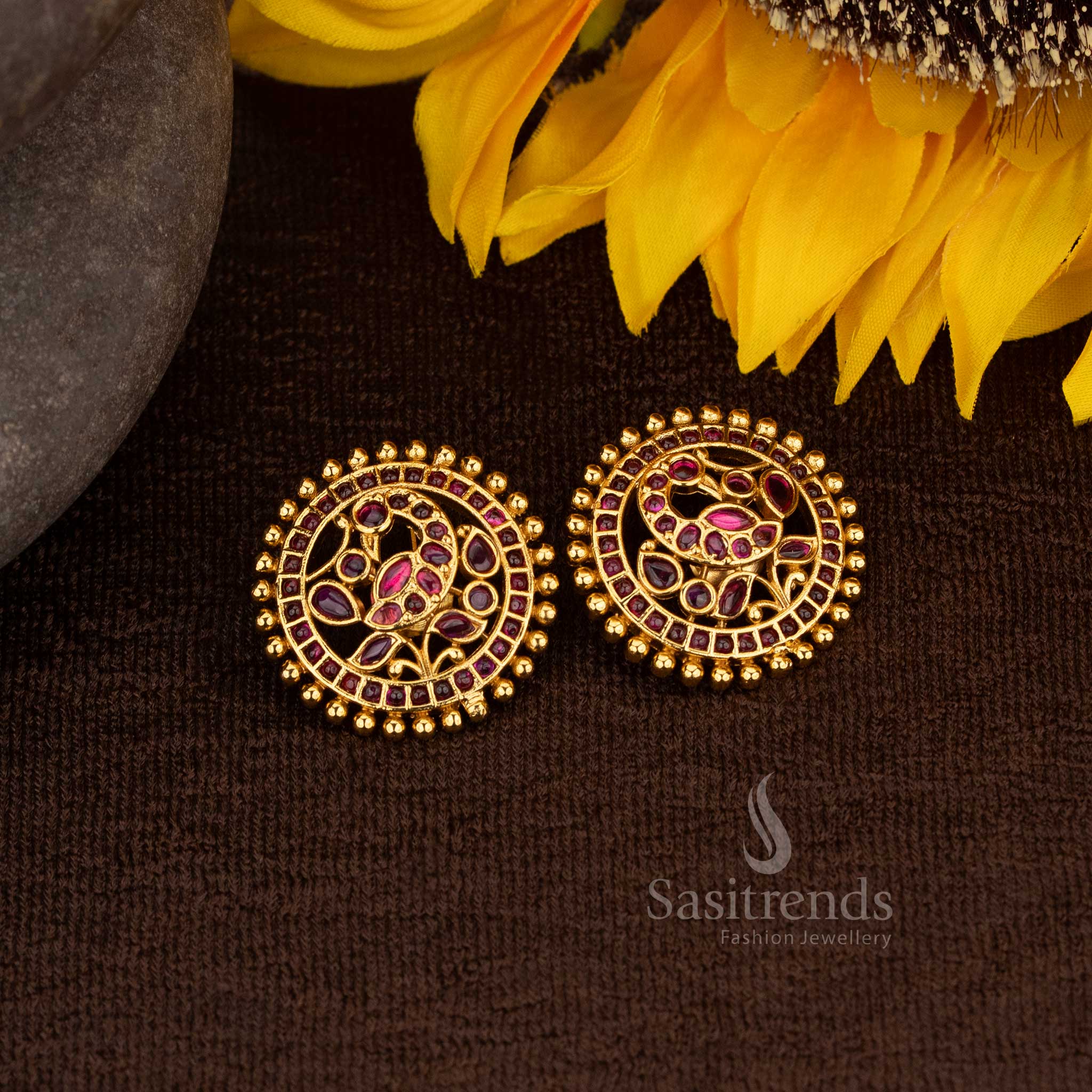 Exquisite matte gold plated peacock kemp round stud earrings with ruby stones for ceremonial occasions - Sasitrends