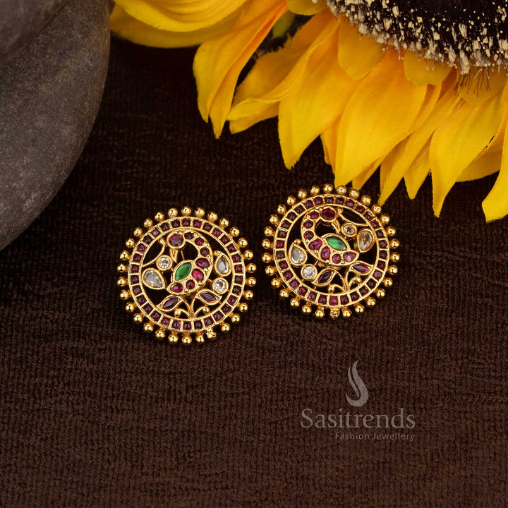 Vibrant matte gold peacock design kemp stone round stud earrings with multi stone accent for festive events - Sasitrends