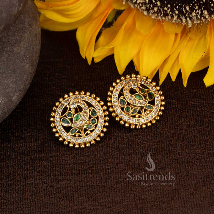 Luxury matte gold peacock design kemp stone round stud earrings in white green combination for cultural events - Sasitrends