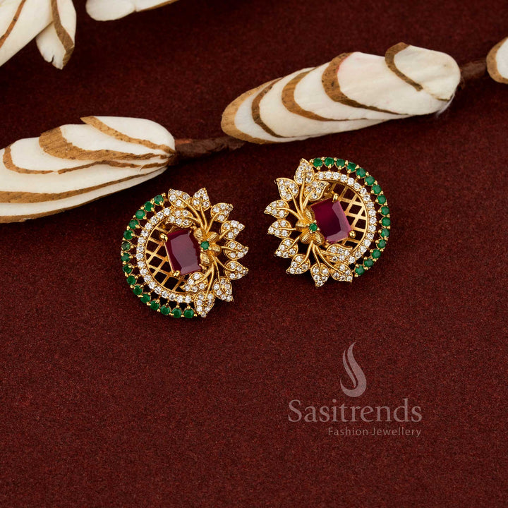 Temple Matte Gold Plated Floral Leaf AD Stone Flower Stud Earrings | Sasitrends