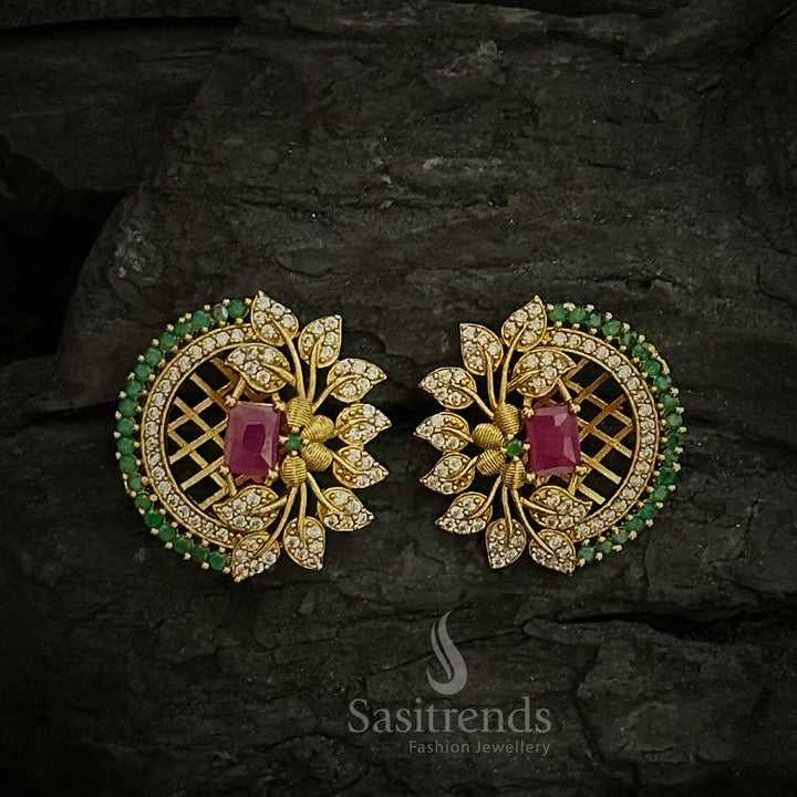 Temple Matte Gold Plated Floral Leaf AD Stone Flower Stud Earrings | Sasitrends