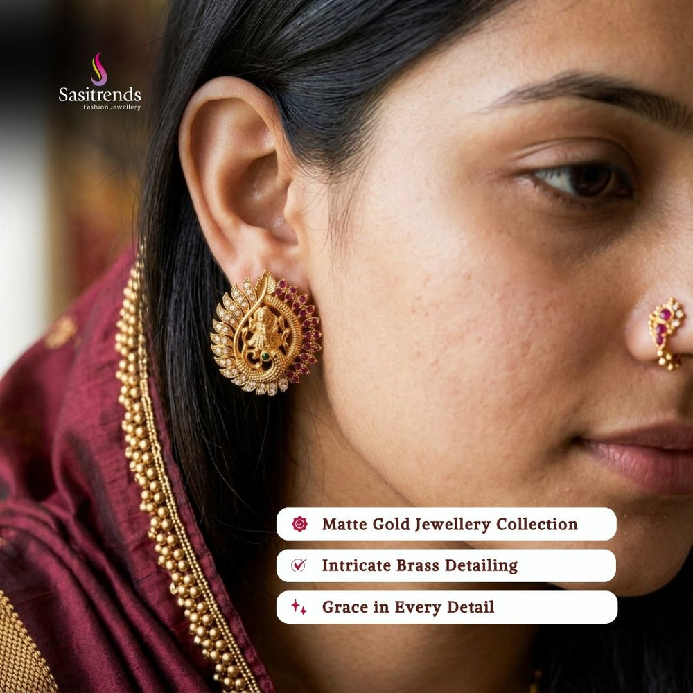 Premium temple matte gold plated earrings model image - Sasitrends