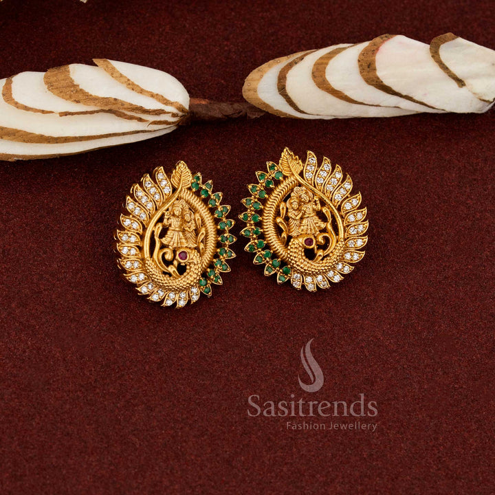 Mystical Dance: Temple Matte Gold Plated Radha Krishna on Peacock AD Stud Earrings