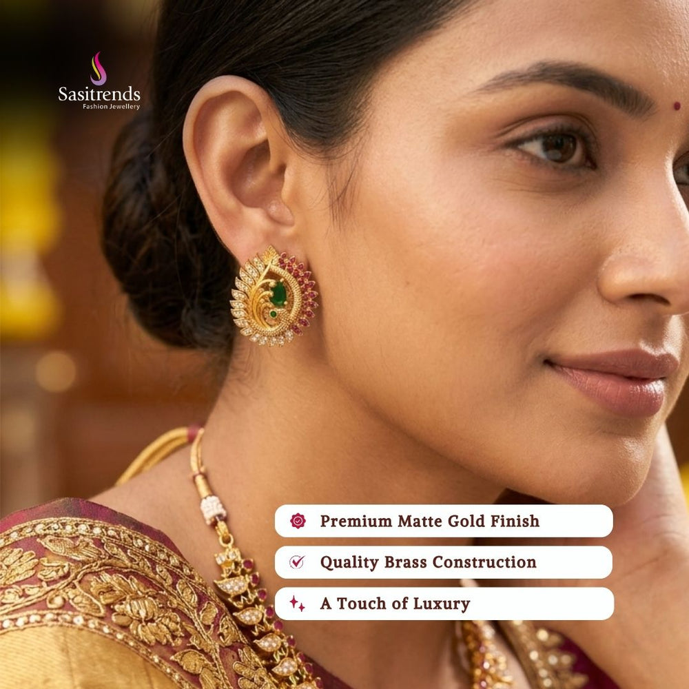 Premium temple matte gold plated earrings model image - Sasitrends