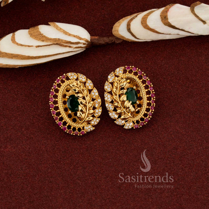 Radiant Leaf Reflection Temple Matte Gold Plated AD Oval Shaped Stud Earrings | Sasitrends