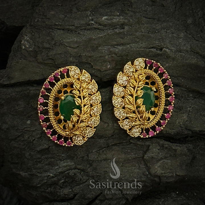 Radiant Leaf Reflection Temple Matte Gold Plated AD Oval Shaped Stud Earrings | Sasitrends
