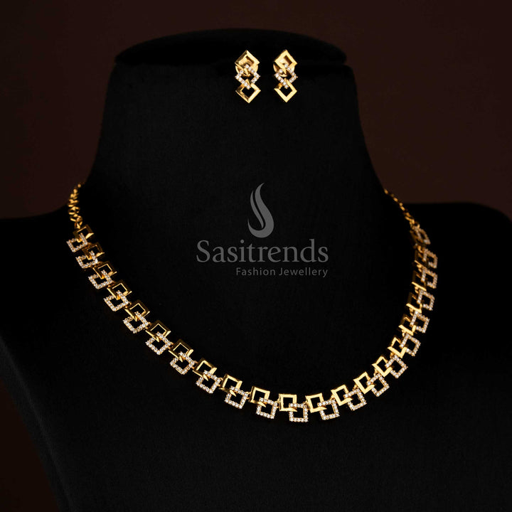 Matte Gold White American Diamond Geometric Link Necklace Jewellery Set - Sasitrends