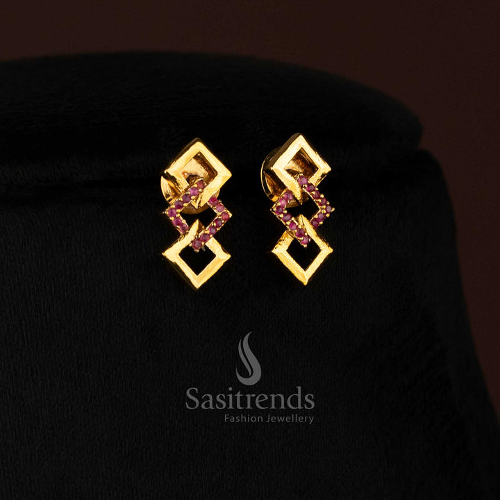 Matte Gold Ruby American Diamond Geometric Link Necklace Jewellery Set Earrings - Sasitrends