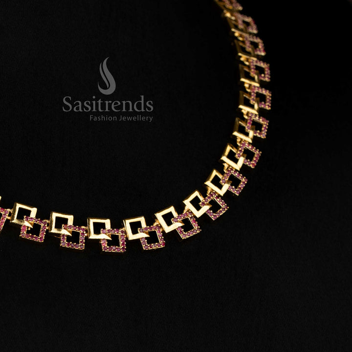 Stunning Matte Gold Ruby American Diamond Geometric Link Necklace Jewellery Set - Sasitrends