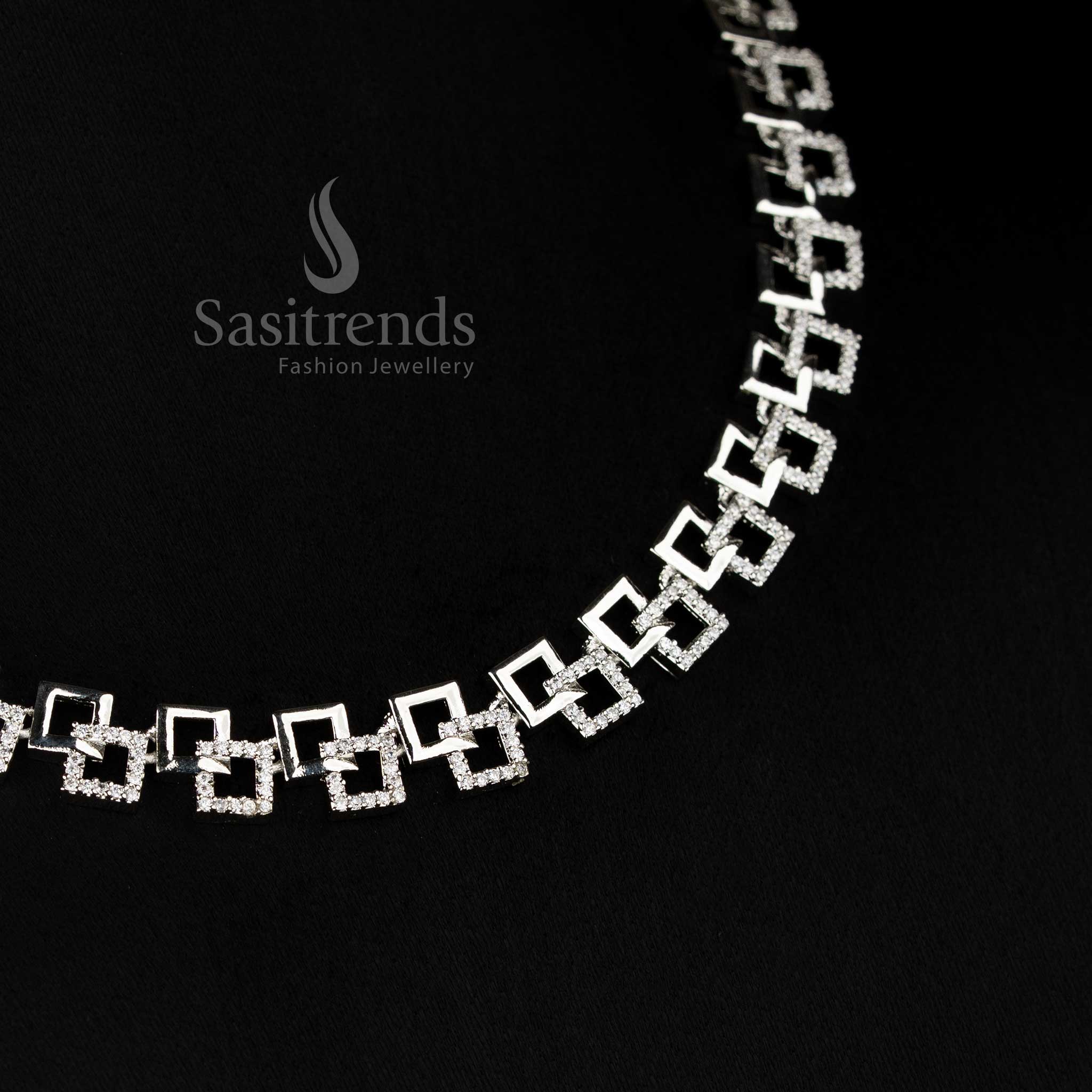 Party wear Rhodium silver White American Diamond Geometric Link Necklace Jewellery Set - Sasitrends