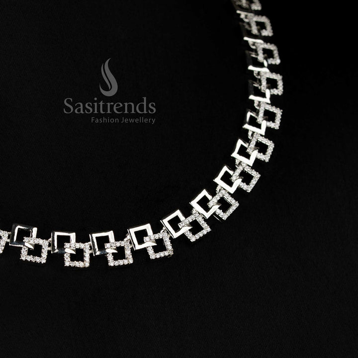 Party wear Rhodium silver White American Diamond Geometric Link Necklace Jewellery Set - Sasitrends