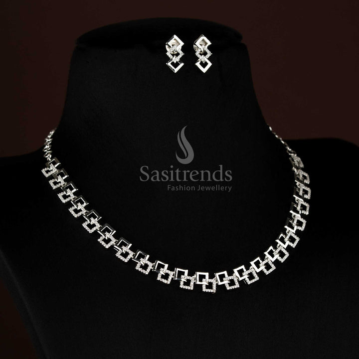 Gorgeous American Diamond Geometric Link Necklace Jewellery Set | Matte Gold, Rhodium Silver & Rose Gold Plated