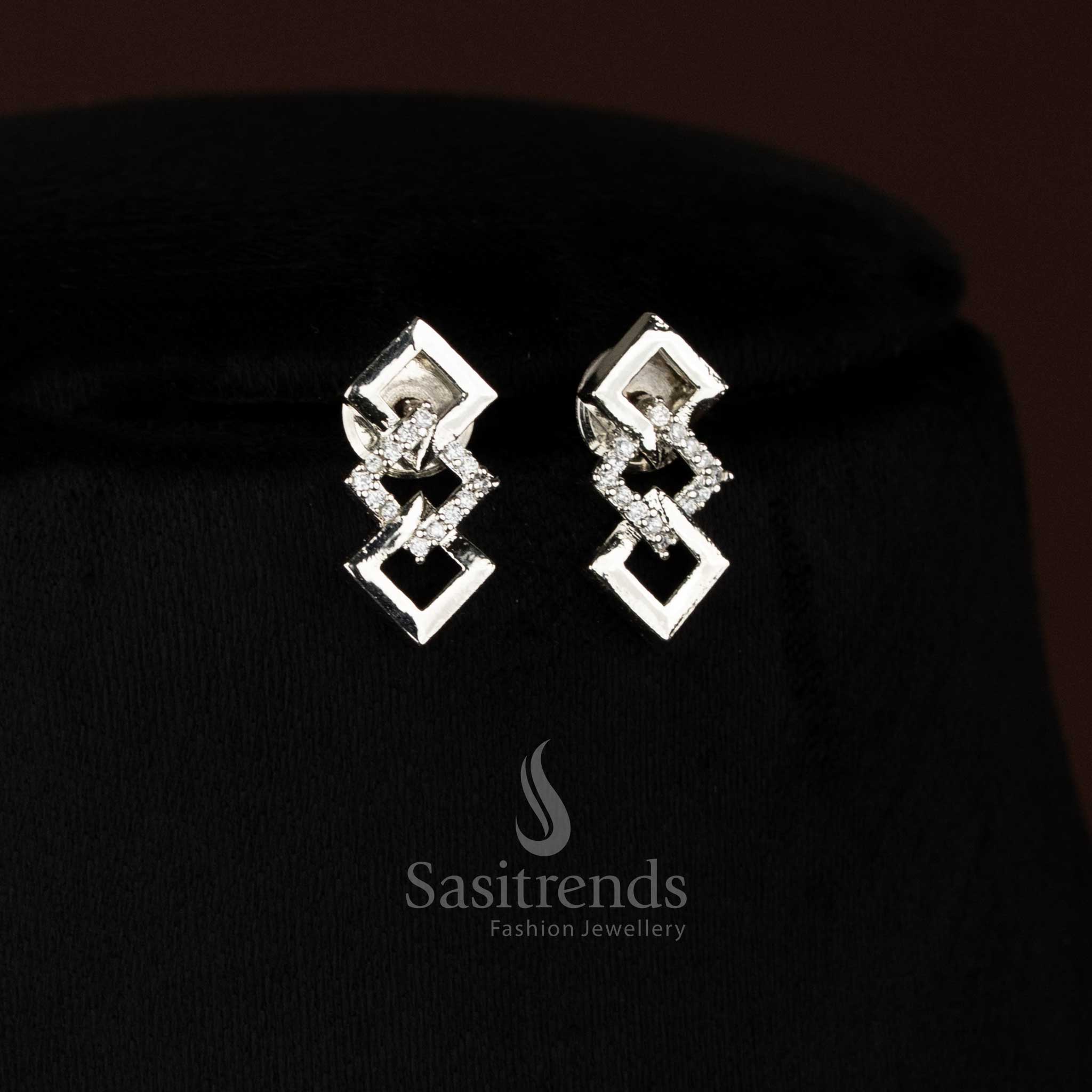 Elegant Rhodium silver White American Diamond Geometric Link Necklace Jewellery Set Earrings - Sasitrends