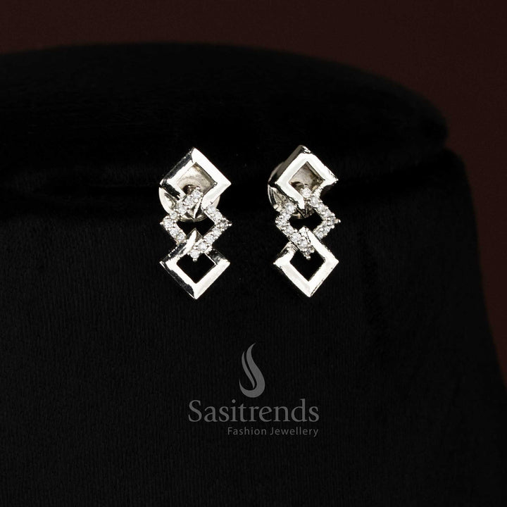 Elegant Rhodium silver White American Diamond Geometric Link Necklace Jewellery Set Earrings - Sasitrends