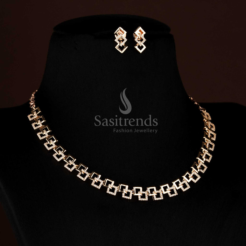 Party wear Rose Gold  White American Diamond Geometric Link Necklace Jewellery Set - Sasitrends