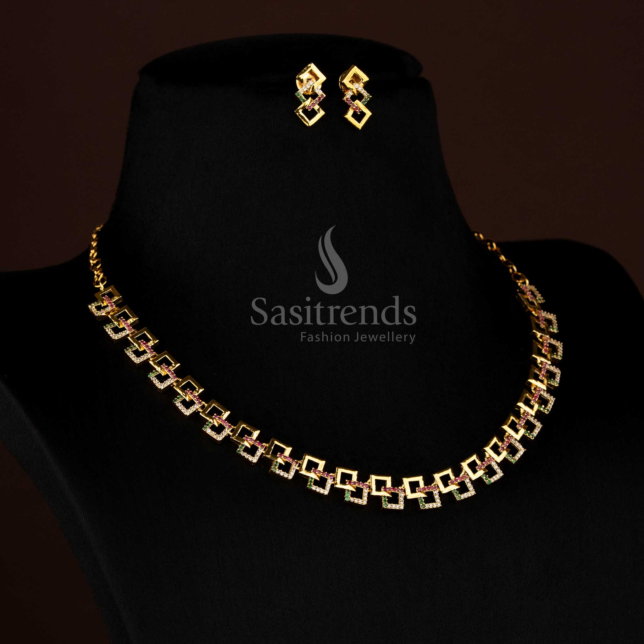 Beautifully crafted Matte Gold Multi American Diamond Geometric Link Necklace Jewellery Set - Sasitrends