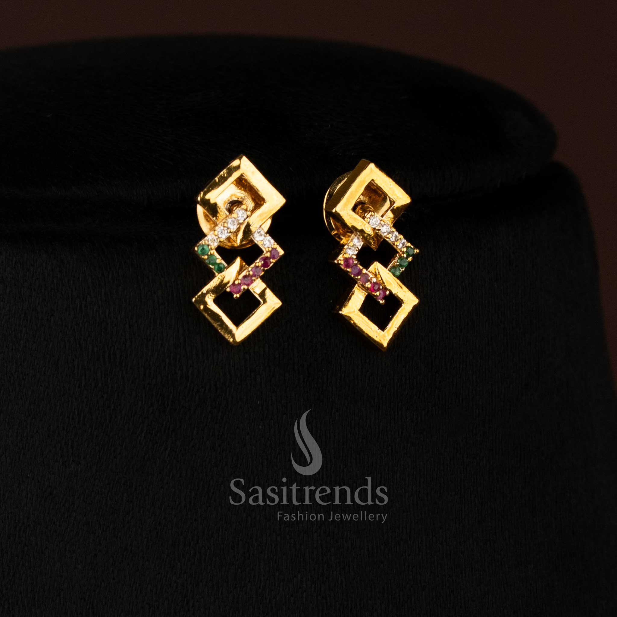  Matte Gold Multi American Diamond Geometric Link Necklace Jewellery Set - Sasitrends