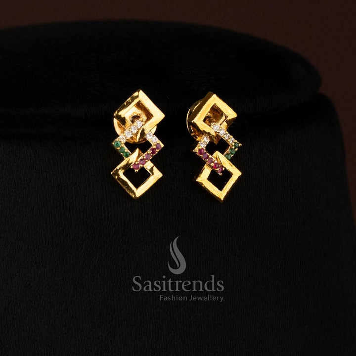  Matte Gold Multi American Diamond Geometric Link Necklace Jewellery Set - Sasitrends
