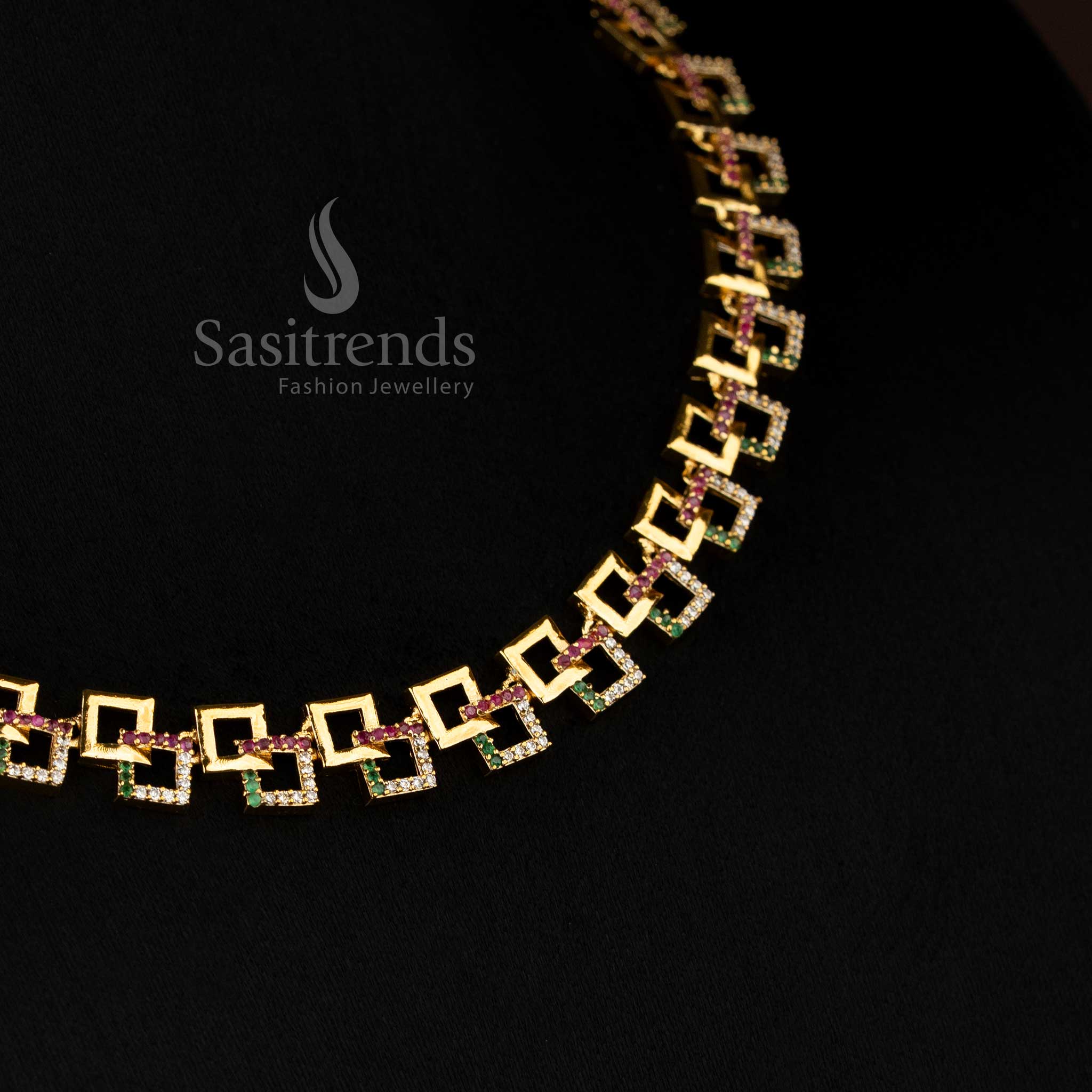 Prettiest Matte Gold Multi American Diamond Geometric Link Necklace Jewellery Set - Sasitrends