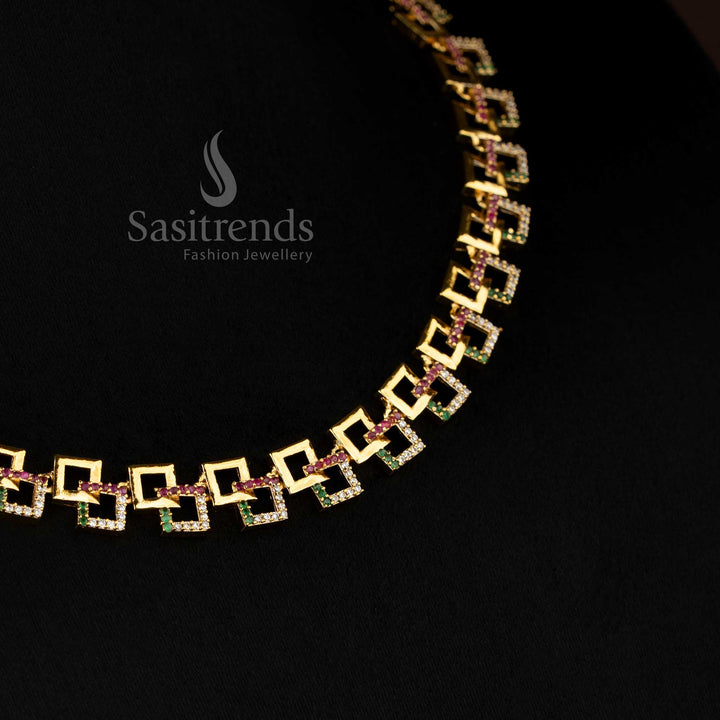 Prettiest Matte Gold Multi American Diamond Geometric Link Necklace Jewellery Set - Sasitrends