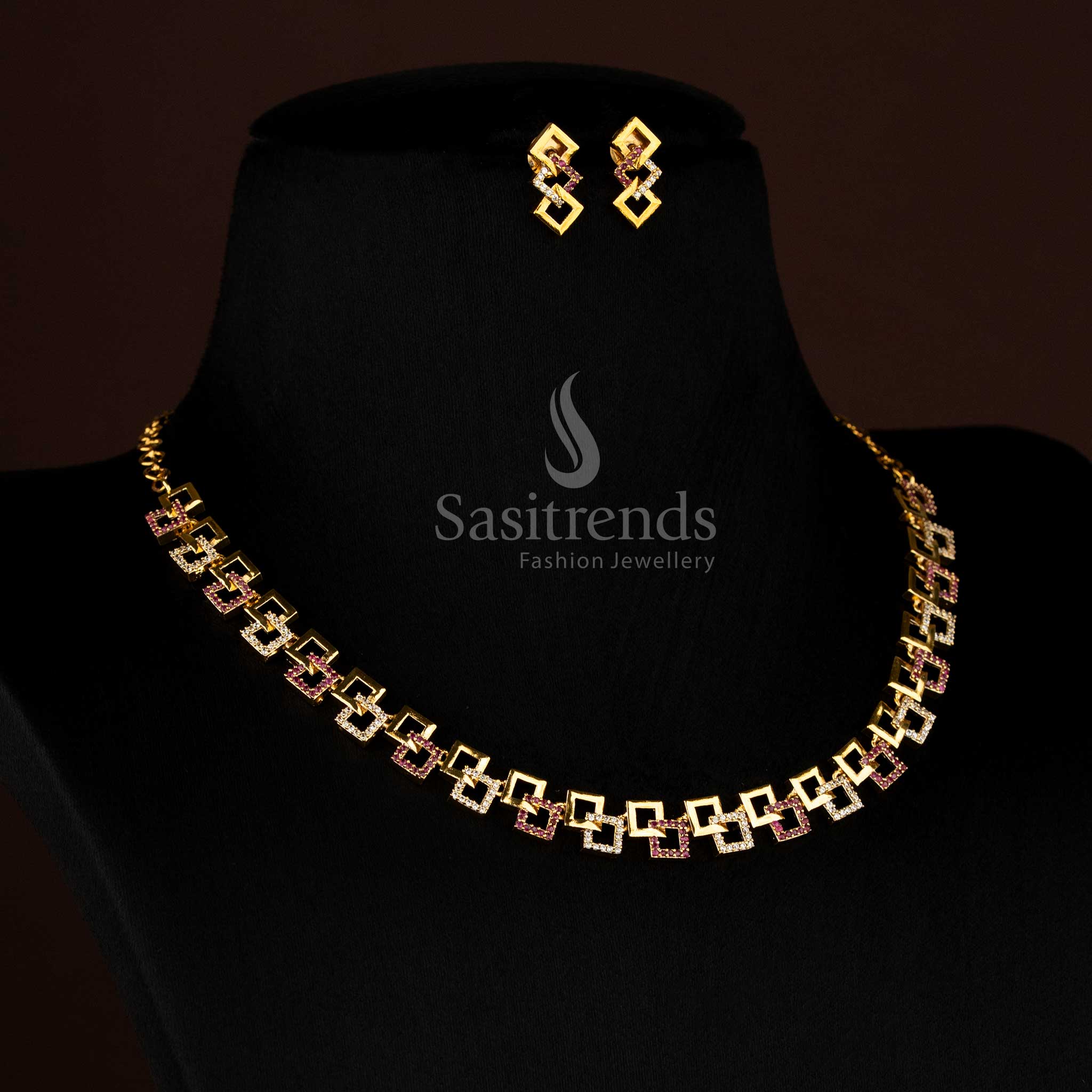 Beautifully crafted Matte Gold White Ruby American Diamond Geometric Link Necklace Jewellery Set - Sasitrends