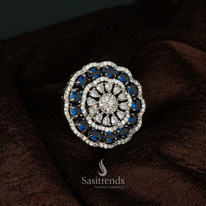 Grand silver finish diamond cocktail ring for party and wedding wear - Sasitrends