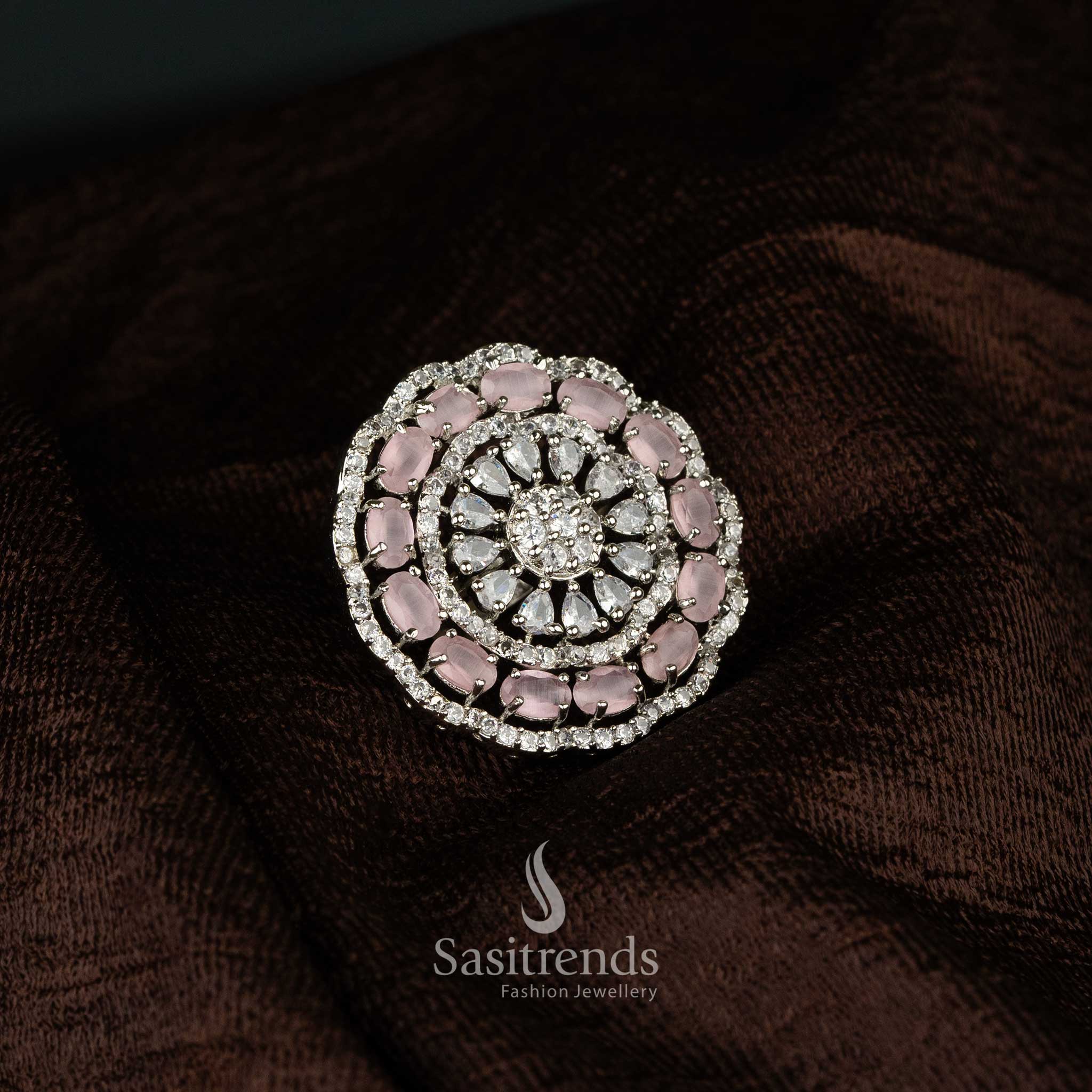 Grand silver finish diamond cocktail ring for party and wedding wear - Sasitrends