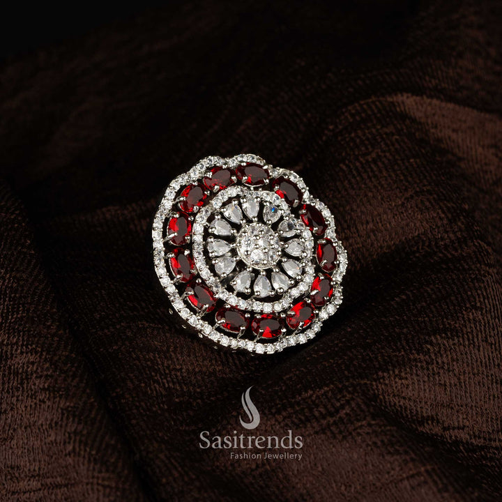 Grand silver finish diamond cocktail ring for party and wedding wear - Sasitrends
